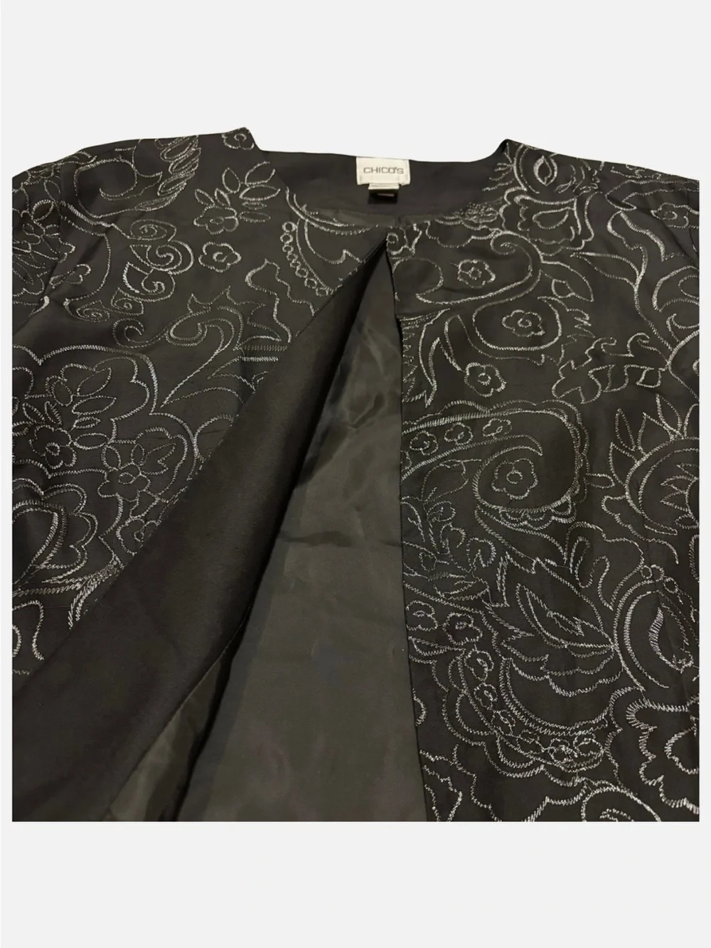 Chico's Silk Embroidered Duster Jacket Black Silver XL/16 Elegant Party Evening